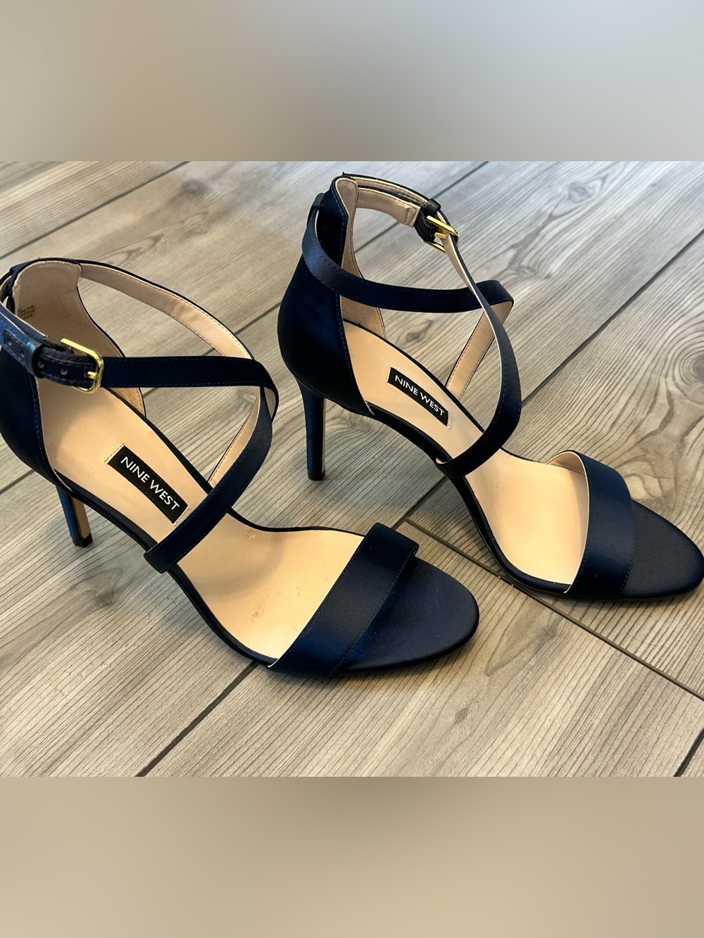 Nine West Navy Satin Strappy Stiletto Heels Ankle Strap Sandals Size 8.5
